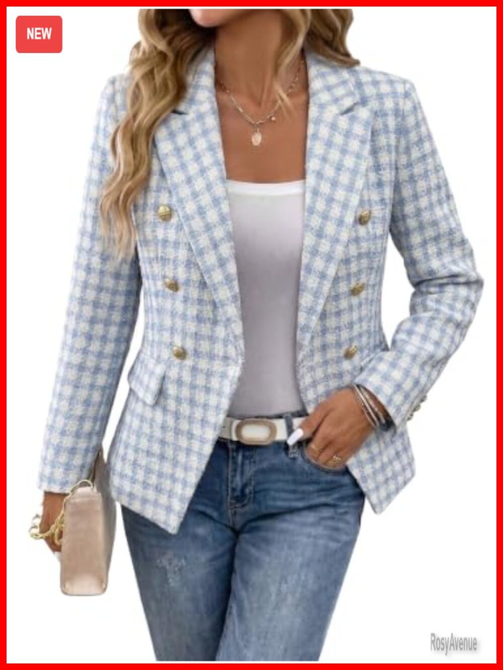 Tweed Plaid Double Breasted Blazer Slim Fit Business Casual Workwear